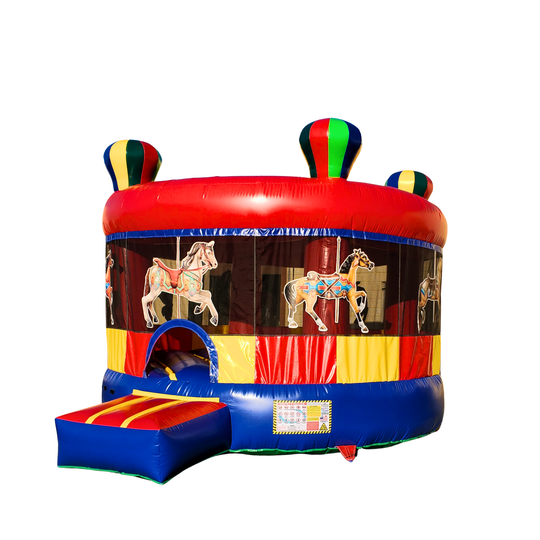 Colorful B-625 Bounce Carousel with horse graphics, featuring a red and yellow design, suitable for outdoor play. Colorful B-625 Bounce Carousel with horse graphics, featuring a red and yellow design, suitable for outdoor play.