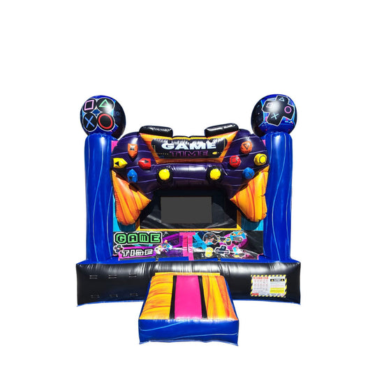 Colorful Game Time bounce house featuring marble colors and gaming-themed graphics, set against a white background. Colorful Game Time bounce house featuring marble colors and gaming-themed graphics, set against a white background.