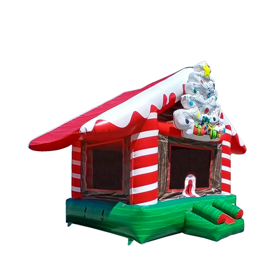 A festive red and white striped bouncy castle designed like a gingerbread house, featuring a decorated Christmas tree on top A festive red and white striped bouncy castle designed like a gingerbread house, featuring a decorated Christmas tree on top