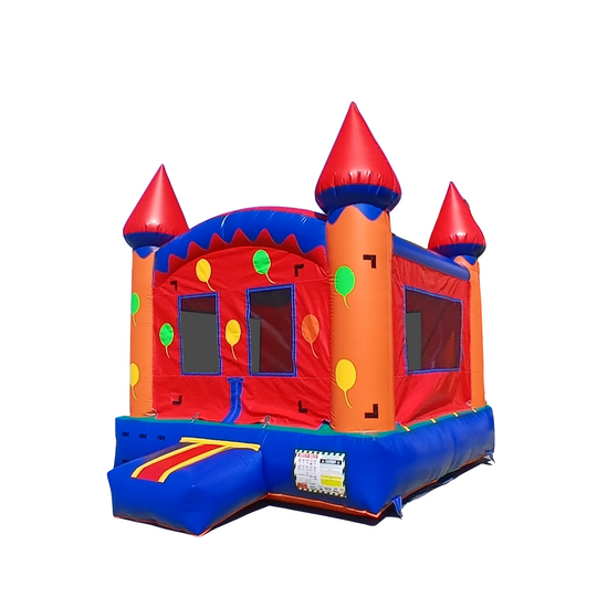 A multicolor commercial bounce house featuring red and orange walls with blue accents and balloon designs, set against a A multicolor commercial bounce house featuring red and orange walls with blue accents and balloon designs, set against a
