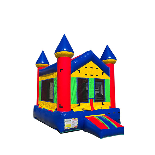 Colorful blue and yellow commercial bounce house for sale with red accents and tall blue turrets. Colorful blue and yellow commercial bounce house for sale with red accents and tall blue turrets.