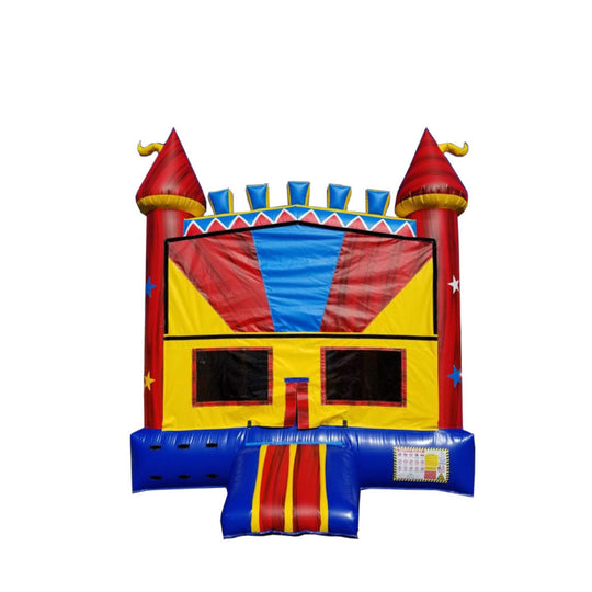 Colorful BM-644 Royal Bounce Jumper featuring red and yellow design with castle towers, set against a white background. Colorful BM-644 Royal Bounce Jumper featuring red and yellow design with castle towers, set against a white background.