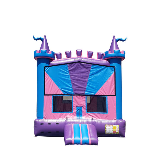 Bright pink and blue cotton candy-themed commercial bounce house for sale with castle towers and a slide. Bright pink and blue cotton candy-themed commercial bounce house for sale with castle towers and a slide.