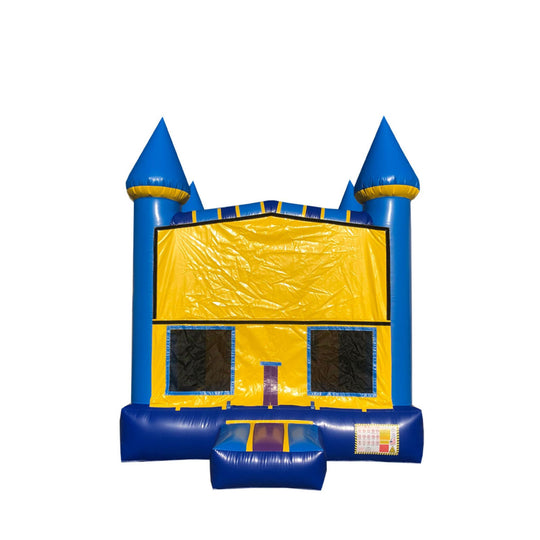 Bright blue and yellow commercial bounce house featuring castle-like turrets and large mesh windows. Bright blue and yellow commercial bounce house featuring castle-like turrets and large mesh windows.