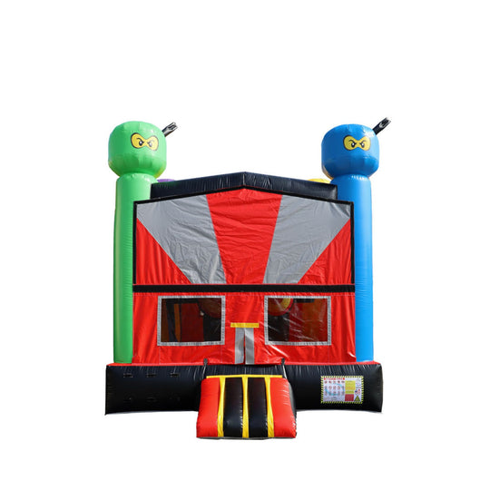 Colorful BM-671 Super Ninja Jumper featuring red, blue, and green elements, designed as a commercial bounce house for sale. Colorful BM-671 Super Ninja Jumper featuring red, blue, and green elements, designed as a commercial bounce house for sale.