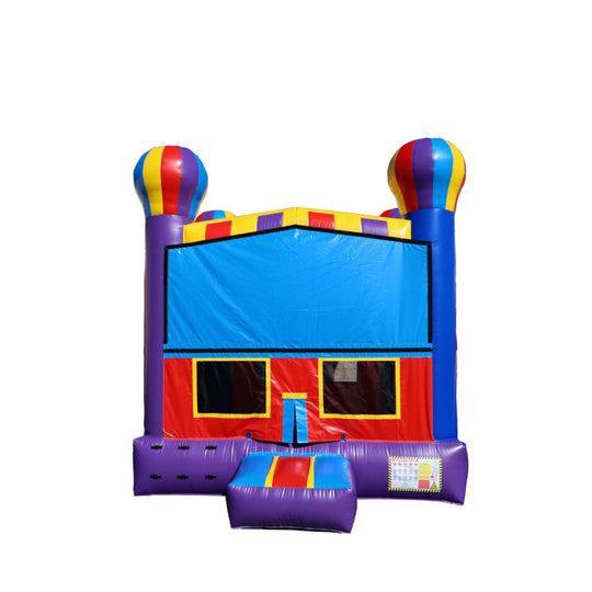 Colorful BM-672 Rainbow Jumper with red, blue, and yellow accents, featuring a large bouncing area and two tall inflatable Colorful BM-672 Rainbow Jumper with red, blue, and yellow accents, featuring a large bouncing area and two tall inflatable