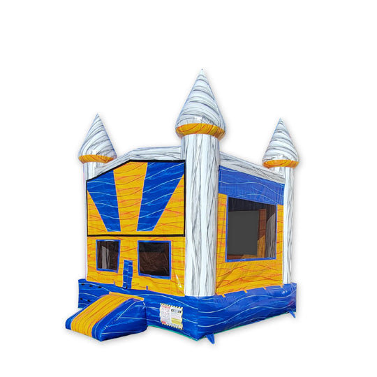 Gray throne jumper bounce house with blue and yellow accents, featuring tall spires and a spacious jumping area. Gray throne jumper bounce house with blue and yellow accents, featuring tall spires and a spacious jumping area.