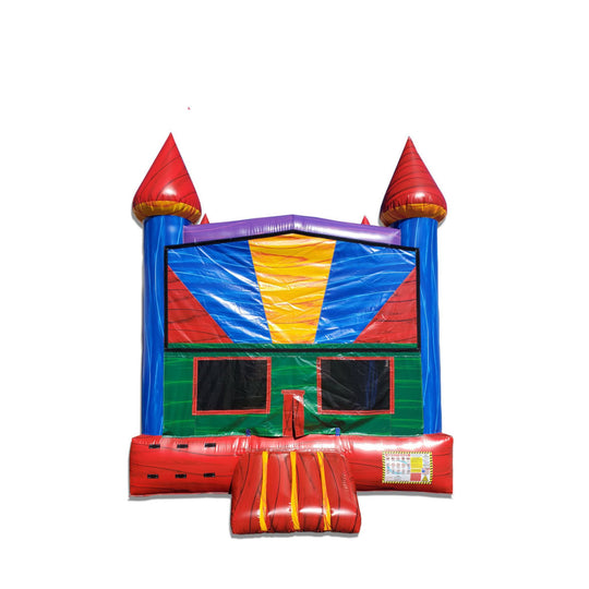 Colorful commercial bounce house for sale featuring red, blue, yellow, and green panels with two tall red spires. Colorful commercial bounce house for sale featuring red, blue, yellow, and green panels with two tall red spires.