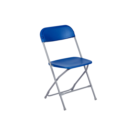 Blue plastic folding chair with a silver frame, suitable for various events, displayed as event furniture for sale. Blue plastic folding chair with a silver frame, suitable for various events, displayed as event furniture for sale.