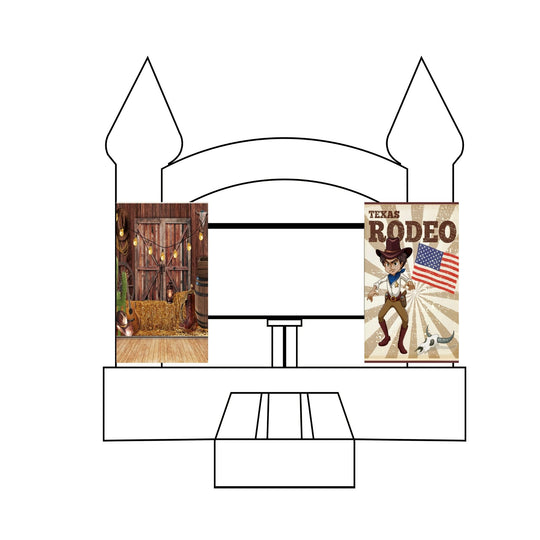 Two custom event banners featuring a cowboy theme, displayed on a rodeo-style backdrop with a wooden barn setting. Two custom event banners featuring a cowboy theme, displayed on a rodeo-style backdrop with a wooden barn setting.
