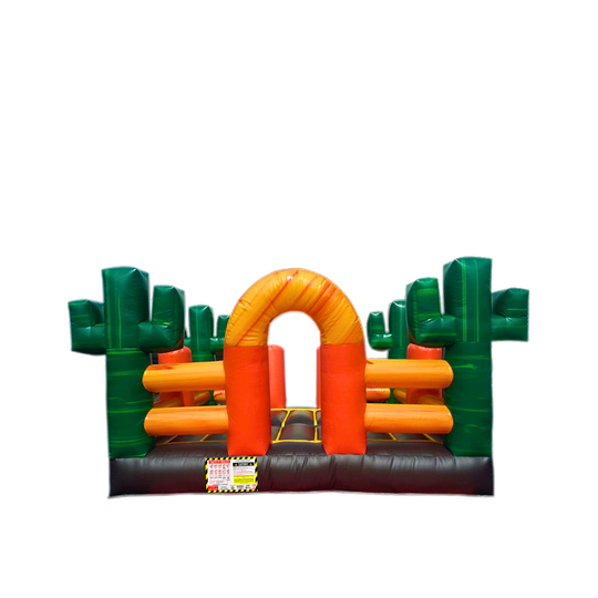 Bright green cactus-themed mechanical bull bed with an orange arch and safety barriers, set against a white background. Bright green cactus-themed mechanical bull bed with an orange arch and safety barriers, set against a white background.