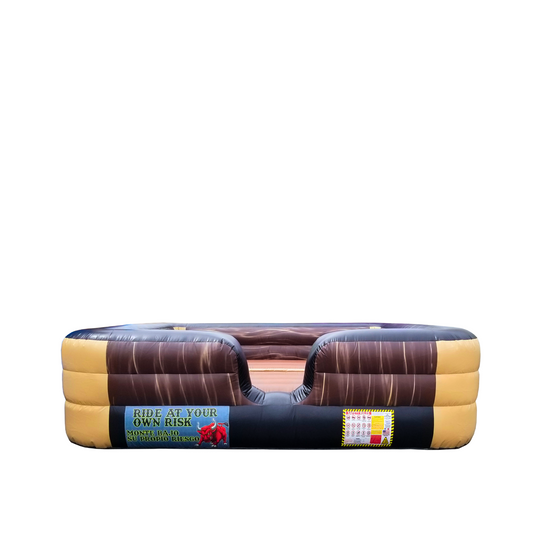 Brown marble inflatable mechanical bull bed with a padded surface, designed for safety during bull riding activities. Brown marble inflatable mechanical bull bed with a padded surface, designed for safety during bull riding activities.