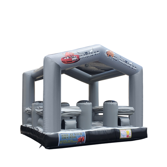 Inflatable mechanical bull bed featuring a gray and black design with safety barriers, suitable for outdoor events. Inflatable mechanical bull bed featuring a gray and black design with safety barriers, suitable for outdoor events.