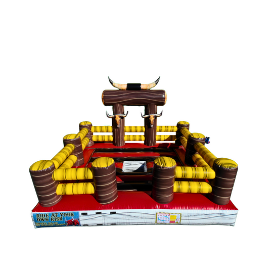 Bright yellow and brown inflatable mechanical bull bed with a corral design, featuring two bull heads and a red base. Bright yellow and brown inflatable mechanical bull bed with a corral design, featuring two bull heads and a red base.