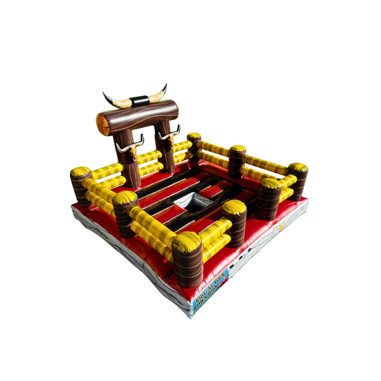 Inflatable yellow corral mechanical bull bed with a wooden bull and padded barriers, set against a white background. Inflatable yellow corral mechanical bull bed with a wooden bull and padded barriers, set against a white background.