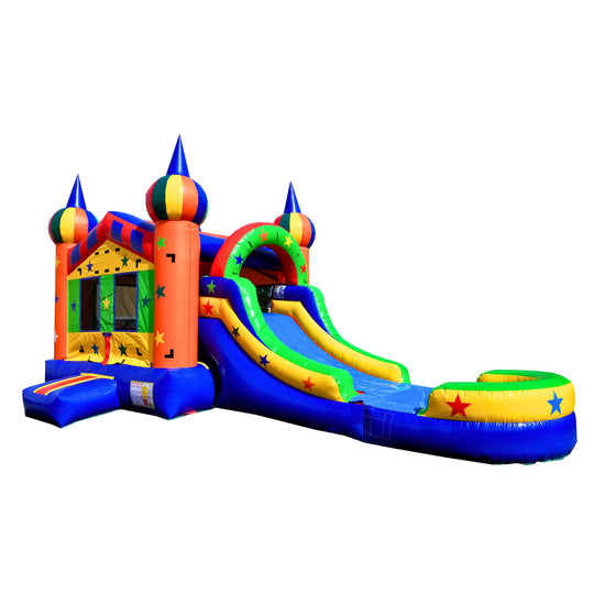 Multicolor bounce house with a slide, featuring bright orange, green, and blue colors, set against a white background. Multicolor bounce house with a slide, featuring bright orange, green, and blue colors, set against a white background.