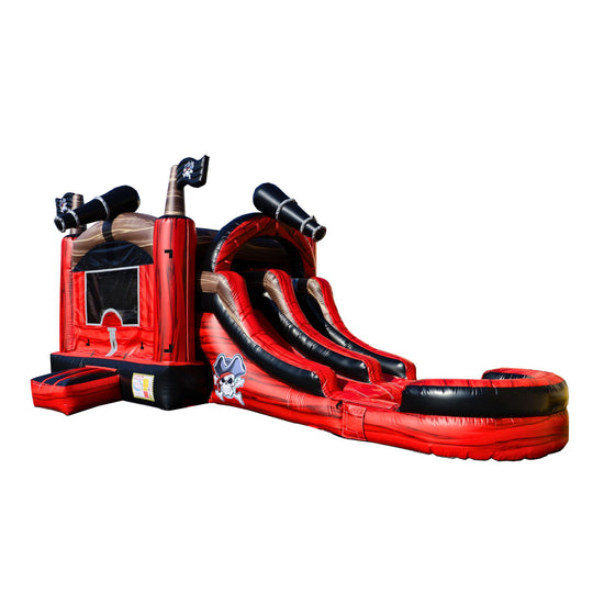 Red and black inflatable combo water slide featuring pirate-themed design with cannons and flags. Red and black inflatable combo water slide featuring pirate-themed design with cannons and flags.