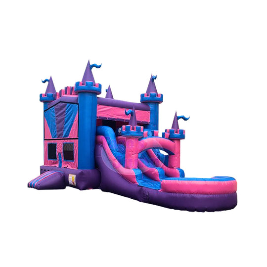 Pink and purple inflatable combo water slide featuring a castle design with two slides and decorative flags. Pink and purple inflatable combo water slide featuring a castle design with two slides and decorative flags.