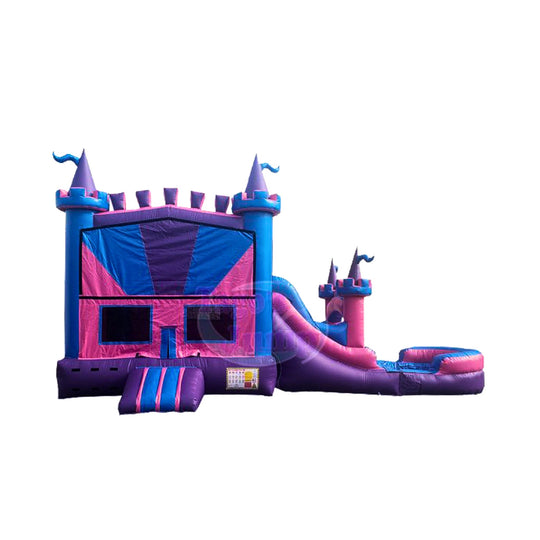 Pink castle-themed inflatable combo water slide featuring a bounce area and slide, set against a white background. Pink castle-themed inflatable combo water slide featuring a bounce area and slide, set against a white background.