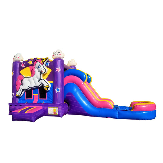 Colorful inflatable combo water slide featuring a unicorn design, with a slide and splash area. Colorful inflatable combo water slide featuring a unicorn design, with a slide and splash area.