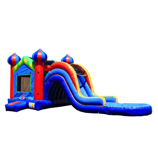Colorful inflatable combo water slide with a bounce area and a large slide leading into a splash pool. Colorful inflatable combo water slide with a bounce area and a large slide leading into a splash pool.