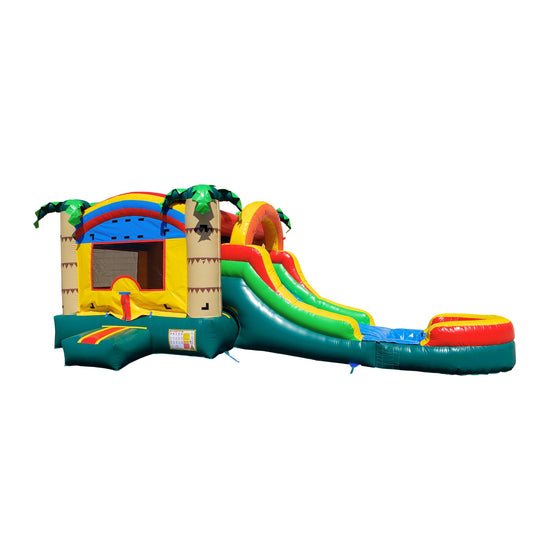 Colorful inflatable combo water slide featuring a tropical theme with palm trees, a bounce area, and a water slide. Colorful inflatable combo water slide featuring a tropical theme with palm trees, a bounce area, and a water slide.