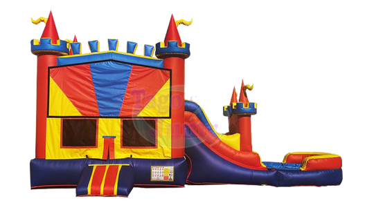 Colorful red castle module with blue and yellow accents, featuring a slide and splash area, ideal for outdoor fun. Colorful red castle module with blue and yellow accents, featuring a slide and splash area, ideal for outdoor fun.