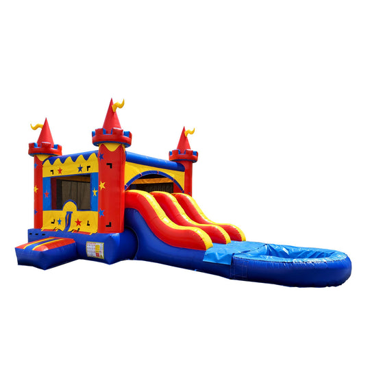 Colorful inflatable combo water slide featuring a castle theme with red and yellow slides and a blue splash pool. Colorful inflatable combo water slide featuring a castle theme with red and yellow slides and a blue splash pool.