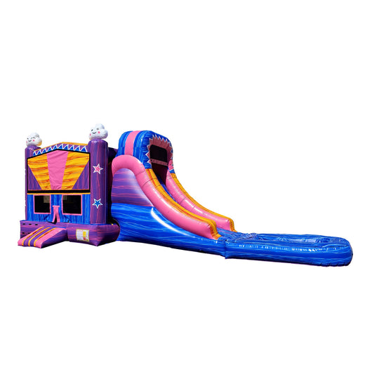 Colorful inflatable combo water slide featuring a pink and blue design with star accents, set against a white background. Colorful inflatable combo water slide featuring a pink and blue design with star accents, set against a white background.