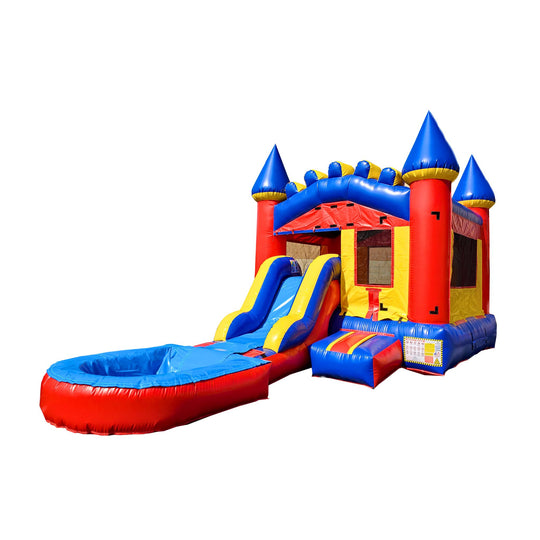 Colorful inflatable combo water slide featuring a castle design with blue and red accents, including a slide and splash pool. Colorful inflatable combo water slide featuring a castle design with blue and red accents, including a slide and splash pool.