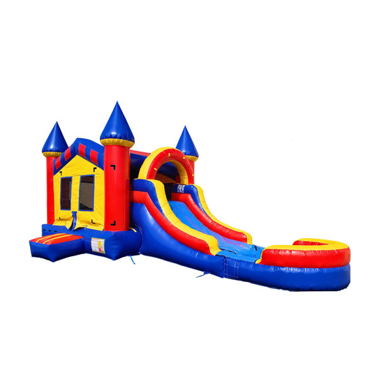 Bright red and yellow inflatable combo water slide featuring castle towers and a curved slide leading to a splash pool. Bright red and yellow inflatable combo water slide featuring castle towers and a curved slide leading to a splash pool.