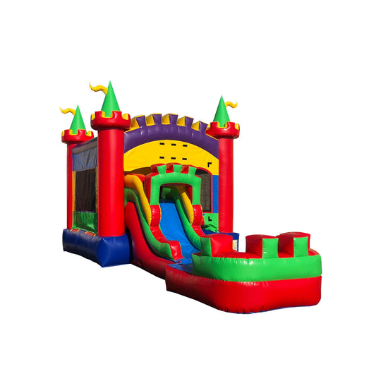 Colorful inflatable combo water slide shaped like a magical castle with vibrant red, green, and blue elements. Colorful inflatable combo water slide shaped like a magical castle with vibrant red, green, and blue elements.