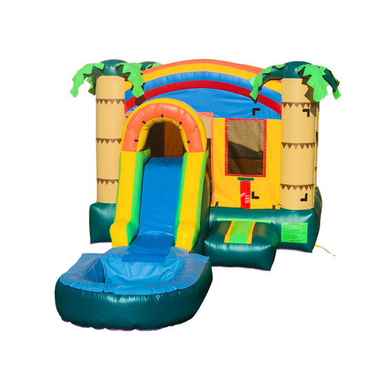 Colorful inflatable combo water slide featuring palm trees, a slide, and a splash pool. Colorful inflatable combo water slide featuring palm trees, a slide, and a splash pool.