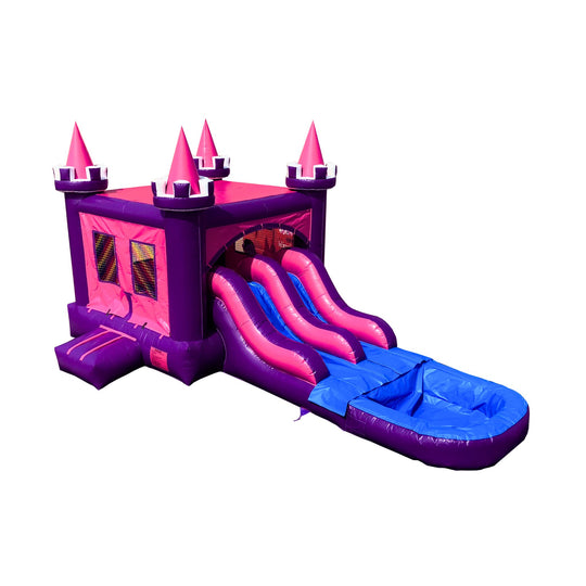 A vibrant pink and purple bouncy castle with a double line water slide attached, designed for girls, set against a white A vibrant pink and purple bouncy castle with a double line water slide attached, designed for girls, set against a white