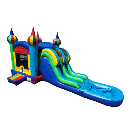 Brightly colored inflatable combo water slide featuring two green slides and a bounce area, set against a white background. Brightly colored inflatable combo water slide featuring two green slides and a bounce area, set against a white background.
