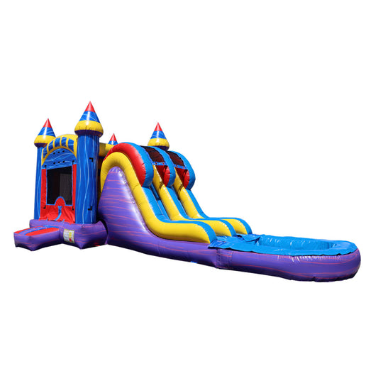 Colorful inflatable combo water slide featuring a double line and castle-themed design, set against a white background. Colorful inflatable combo water slide featuring a double line and castle-themed design, set against a white background.