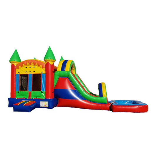Colorful large inflatable combo water slide featuring a bounce area, slide, and pool, set against a white background. Colorful large inflatable combo water slide featuring a bounce area, slide, and pool, set against a white background.