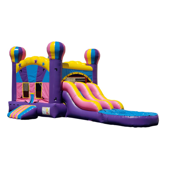 Colorful inflatable combo water slide featuring pink, purple, and yellow design with a slide and bounce area. Colorful inflatable combo water slide featuring pink, purple, and yellow design with a slide and bounce area.