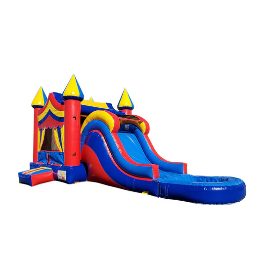 Brightly colored inflatable combo water slide featuring a circus theme with blue, red, and yellow elements. Brightly colored inflatable combo water slide featuring a circus theme with blue, red, and yellow elements.