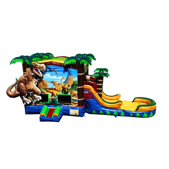 Colorful inflatable combo water slide featuring a dinosaur theme with palm trees and a large slide. Colorful inflatable combo water slide featuring a dinosaur theme with palm trees and a large slide.