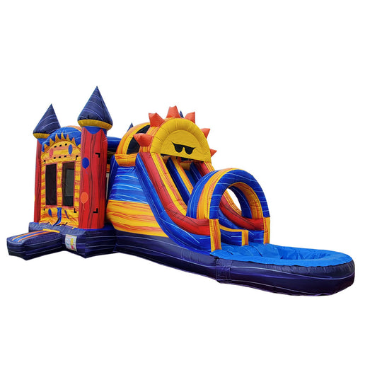 Brightly colored inflatable combo water slide featuring a sun design, with a double line slide and a bounce area. Brightly colored inflatable combo water slide featuring a sun design, with a double line slide and a bounce area.