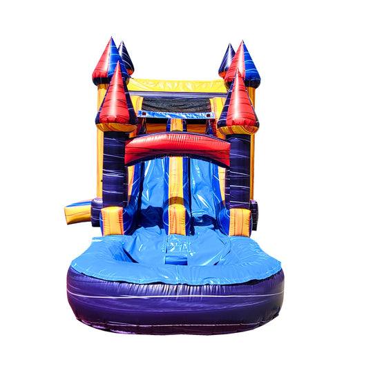 Colorful inflatable combo water slide featuring red and blue towers, with a splash pool at the bottom. Colorful inflatable combo water slide featuring red and blue towers, with a splash pool at the bottom.