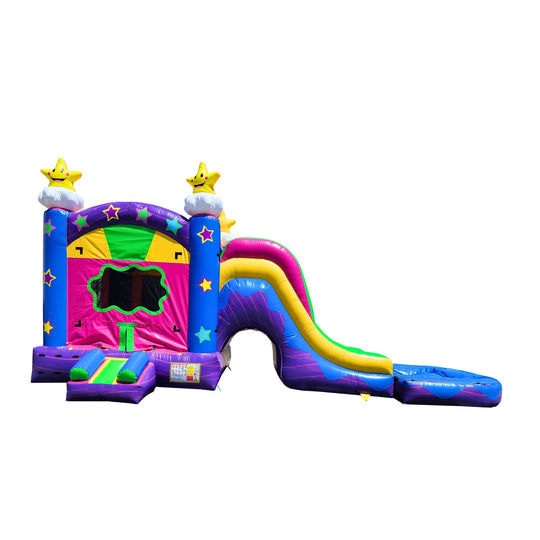 Colorful inflatable combo water slide featuring a starry sky theme with a slide and bounce area. Colorful inflatable combo water slide featuring a starry sky theme with a slide and bounce area.