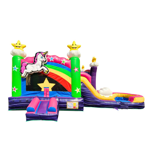 Colorful inflatable combo water slide featuring a unicorn, rainbow, and stars, set against a white background. Colorful inflatable combo water slide featuring a unicorn, rainbow, and stars, set against a white background.