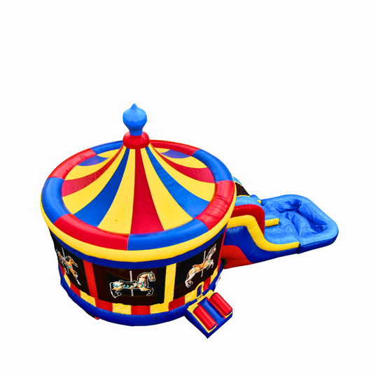 Colorful inflatable combo water slide featuring a circus theme with a red, yellow, and blue design and a double slide. Colorful inflatable combo water slide featuring a circus theme with a red, yellow, and blue design and a double slide.