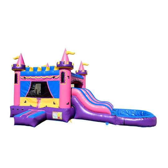 Colorful inflatable combo water slide featuring a pink castle design with double slides and a splash pool. Colorful inflatable combo water slide featuring a pink castle design with double slides and a splash pool.