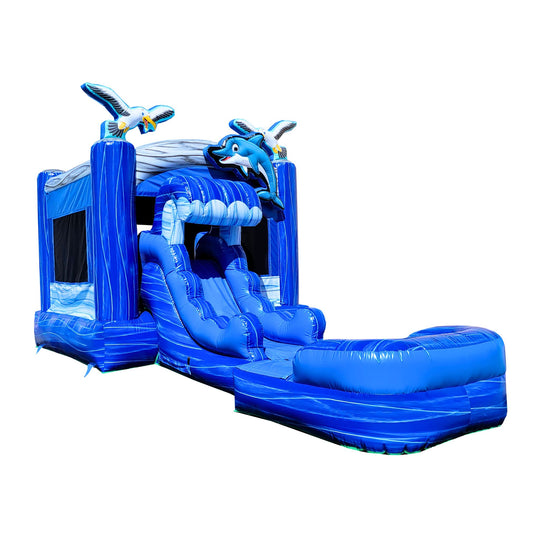 Bright blue inflatable combo water slide featuring dolphin and seagull designs, set against a white background. Bright blue inflatable combo water slide featuring dolphin and seagull designs, set against a white background.