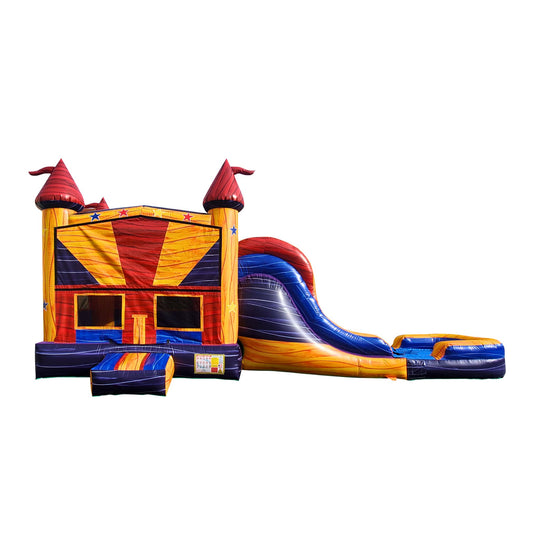 Colorful inflatable combo water slide featuring a bounce area and a double line slide, set against a white background. Colorful inflatable combo water slide featuring a bounce area and a double line slide, set against a white background.