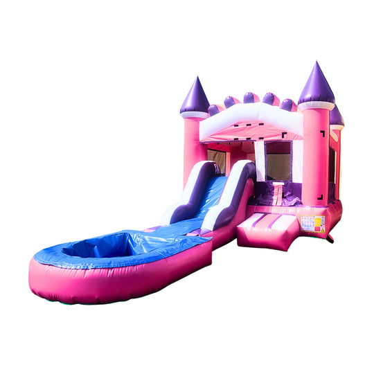 Bright pink inflatable combo water slide featuring a castle design with a slide and splash pool. Bright pink inflatable combo water slide featuring a castle design with a slide and splash pool.