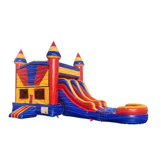 Colorful inflatable combo water slide featuring two slides and a bounce area, set against a white background. Colorful inflatable combo water slide featuring two slides and a bounce area, set against a white background.